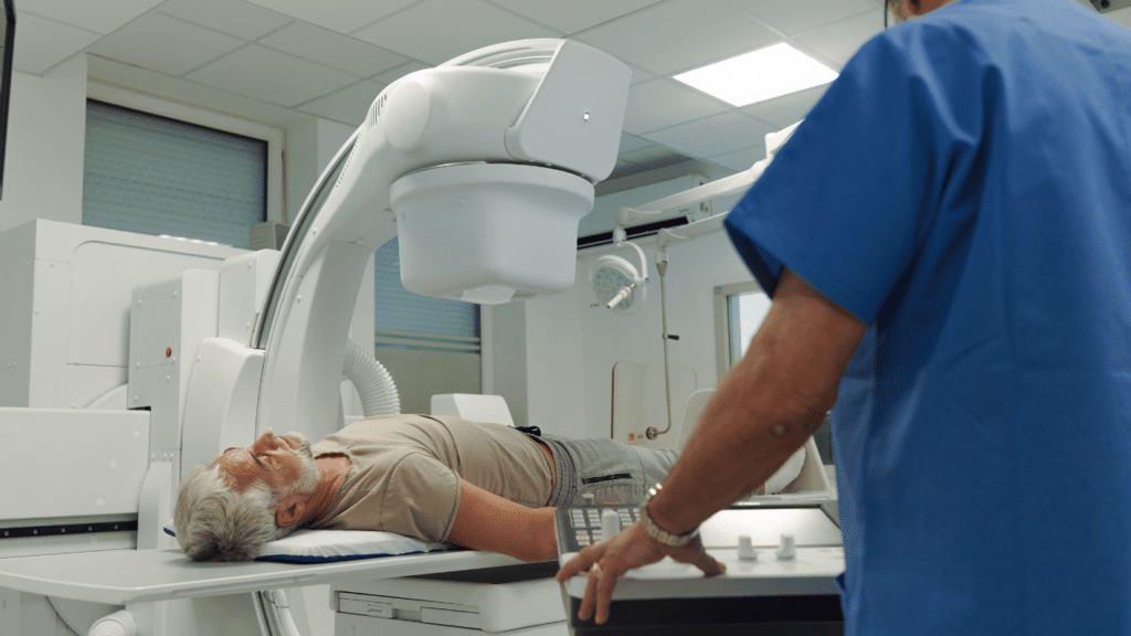 Performing a scan as part of a medical device testing process.